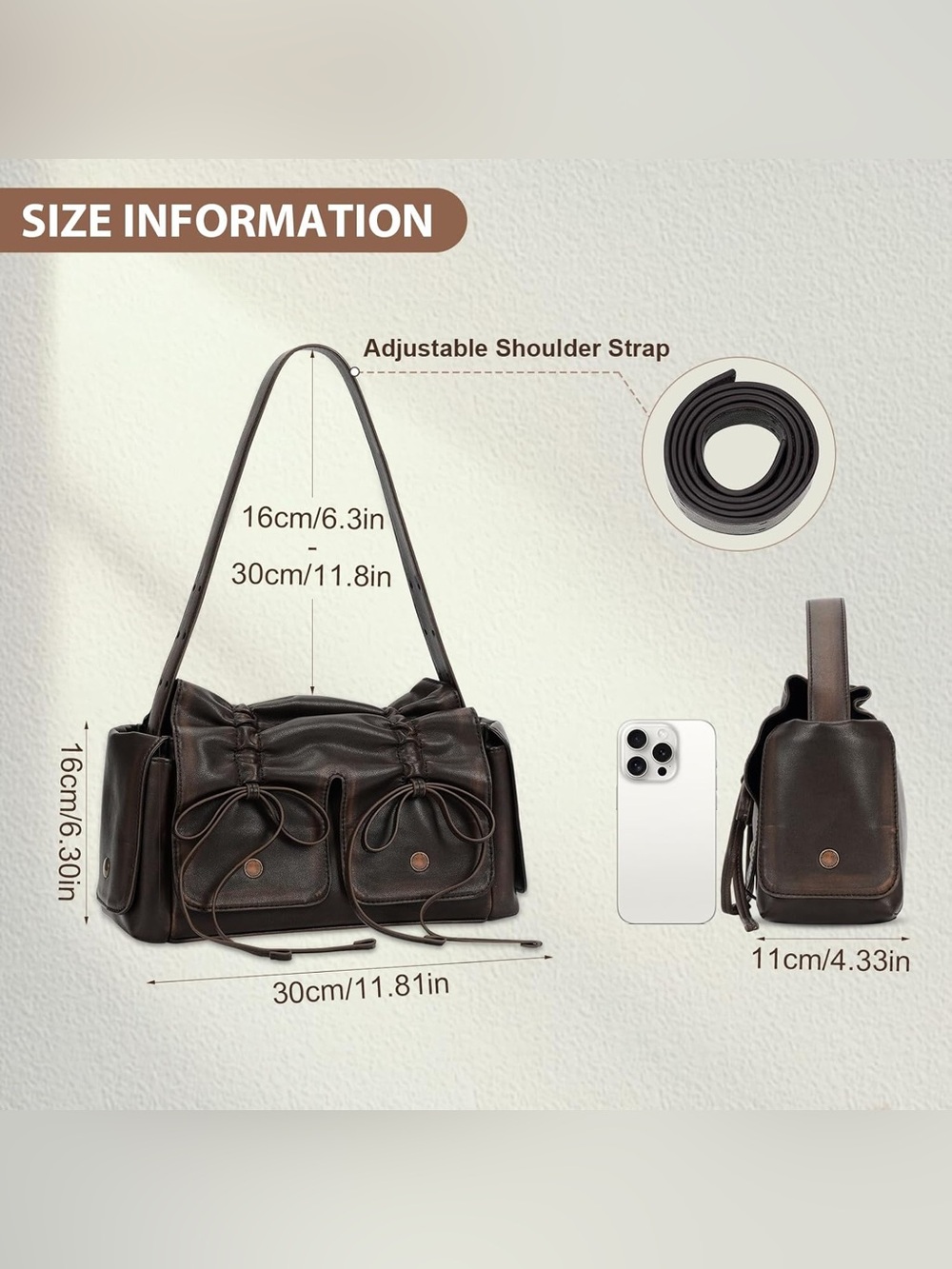 Designer Handbag  Multipocket Bag Y2K  Bow Bag with Washed Finish Vintage Hobo - Picture 15 of 15